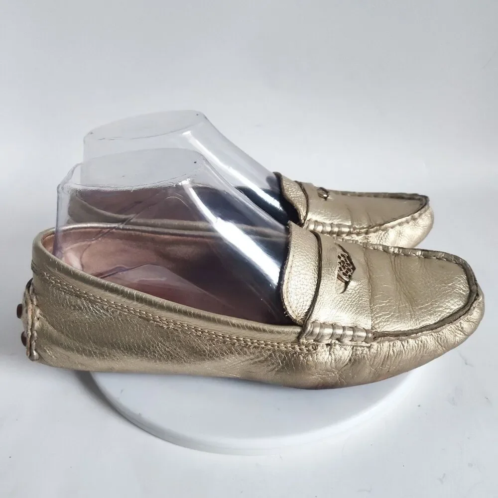 Coach Penny‎ Loafers Size 7 Logo Leather Slip On Flats Napoleon Metallic Gold